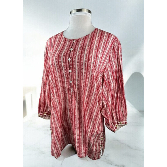 Gudrun Sjoden Tops - Gudrun Sjödén Mixed Print Cotton Tunic Top Half Button Embroidered Red Large